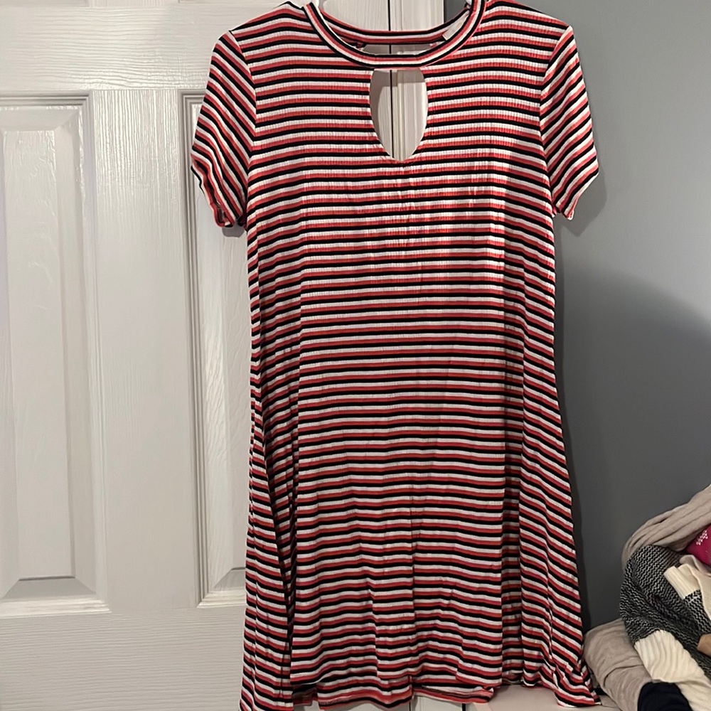 Coral white and navy blue striped short sleeve dress